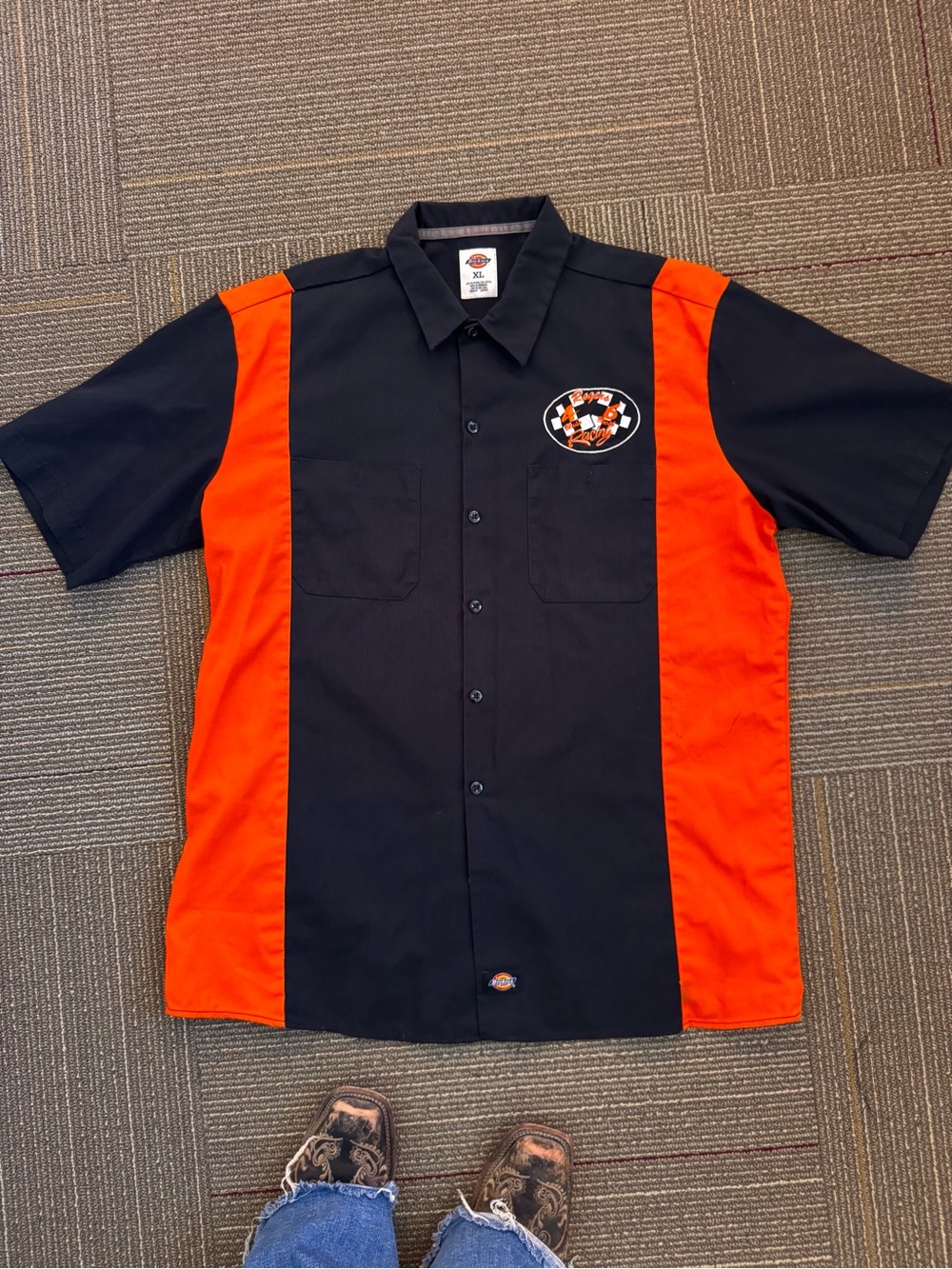 Dickies Rogers Racing Embroidered Black Orange Work Shirt XL Vintage Style